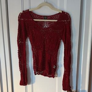 Red Crochet Long Sleeve Top